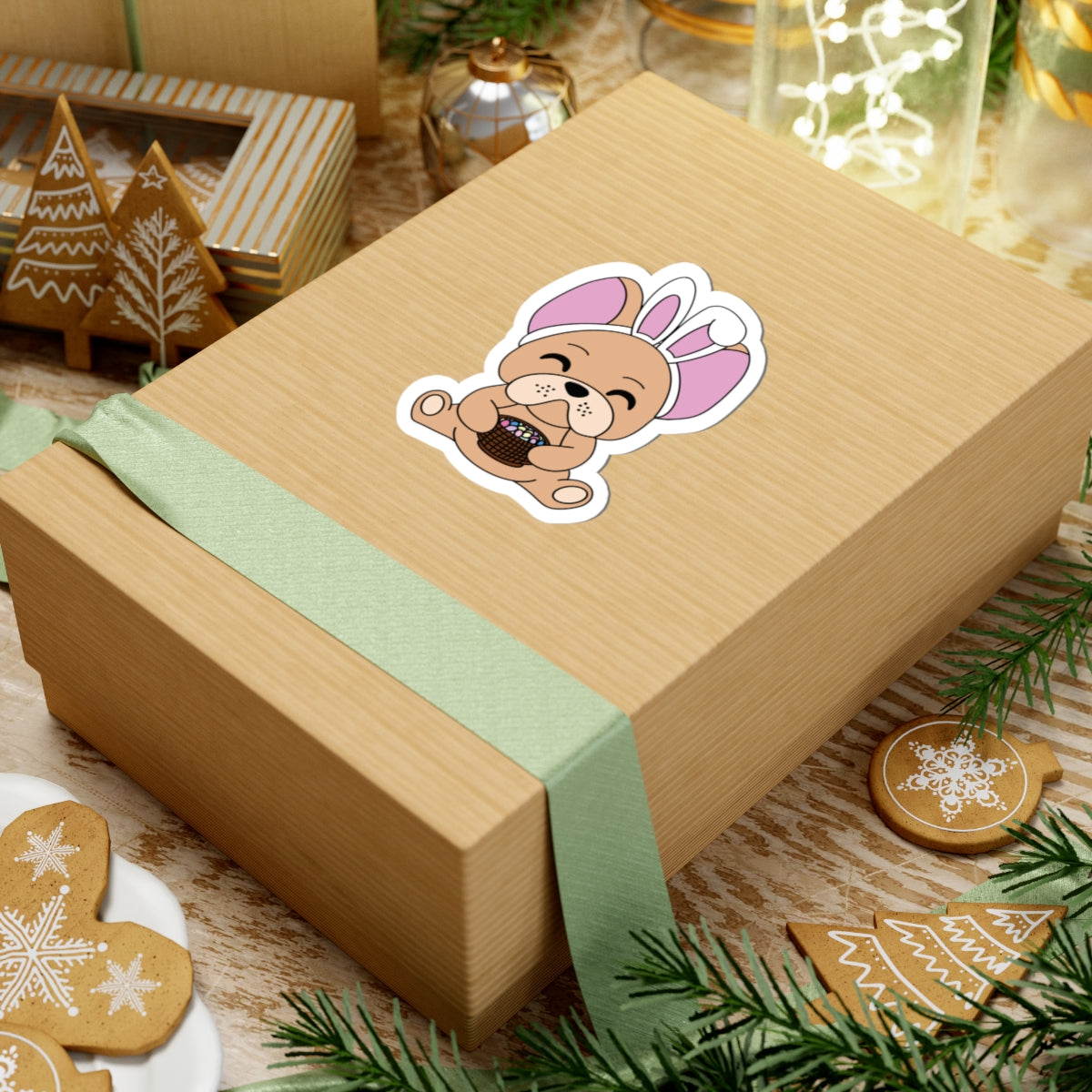 Cute Frenchie Bunny Hugging Easter Treat - Kiss-Cut Stickers for Fun Decor
